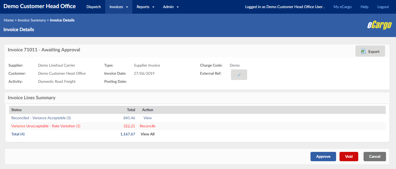 Screenshot of the invoice details screen in eCargo